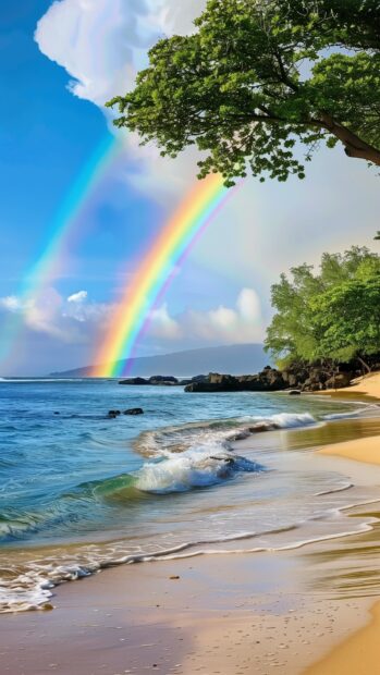 A vibrant rainbow arching over a peaceful beach, with clear blue skies and gentle waves, iPhone wallaper.