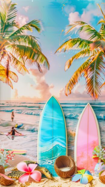 A vibrant travel background collage featuring beach scenes, surfboards, and sunbathers in pastel colors.