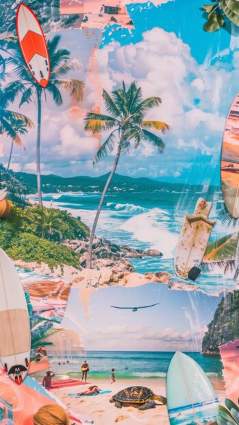 A vibrant travel themed collage featuring beach 4K wallpaper, surfboards, and sunbathers in pastel colors.