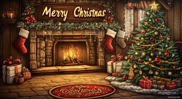 A warm and inviting holiday scene with a fireplace, stockings, and a decorated tree with lights, candles, ornaments, and gifts.