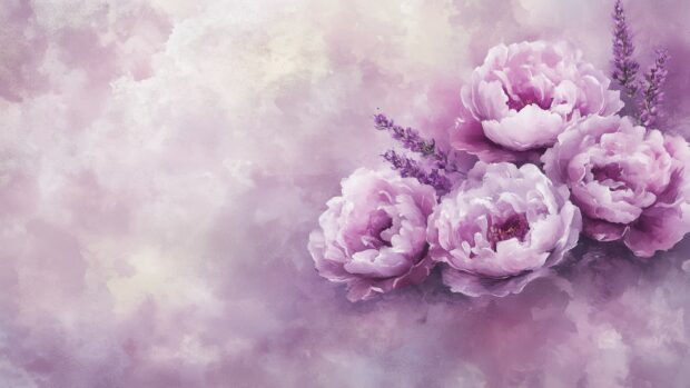 A watercolor design of delicate lavender and peonies, with subtle gradients and a light.