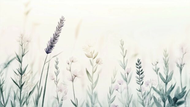 A watercolor painting desktop wallpaper of lavender and wildflowers, with soft purples and greens blending into a light, airy background.