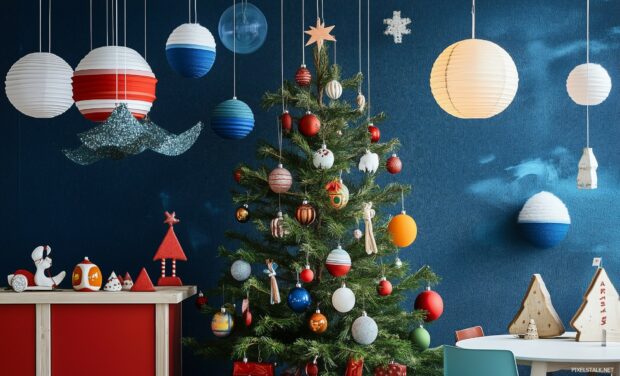 A whimsical Christmas tree decorated with playful ornaments and toys.