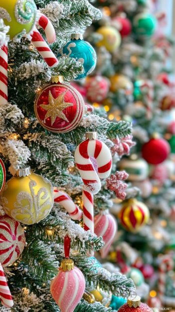 A whimsical Christmas tree with colorful ornaments and candy canes.