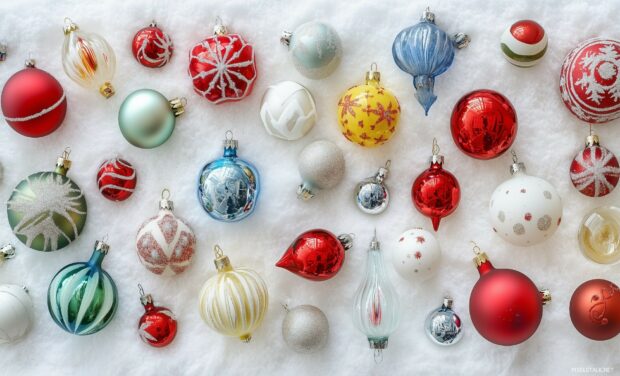 A whimsical arrangement of whimsical and colorful Christmas ornaments scattered across a soft snowy backdrop.