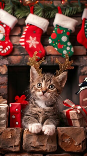 A whimsical scene of a kitten wearing reindeer antlers, sitting beside a cozy fireplace with Christmas stockings hanging above.