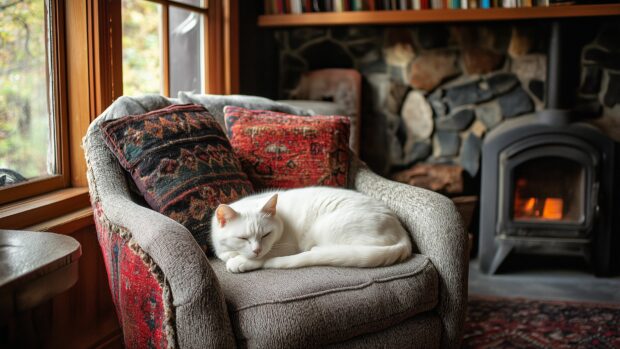 A white cat curled up on a cozy chair in a rustic living room.