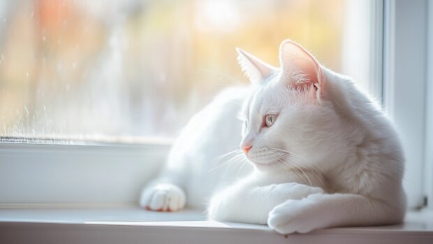 A white cat sitting gracefully on a windowsill with sunlight streaming in.