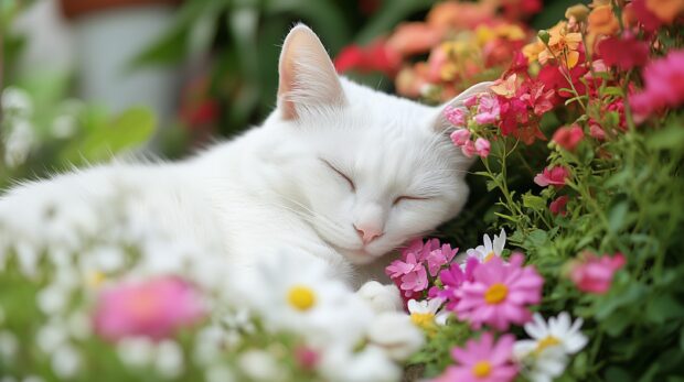 A white cat sleeping in a garden surrounded by flowers.