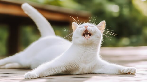 A white cat stretching and yawning on a sunny morning, HD wallpaper for PC.