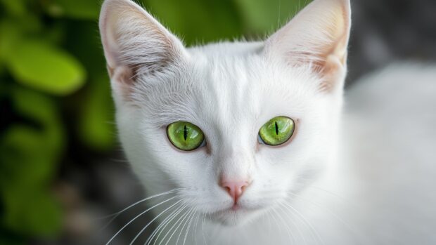 A white cat with green eyes staring intently at the camera, Desktop Wallpaper.