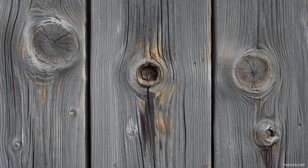 A wooden fence background for desktop with knots, cracks, and natural weathering.