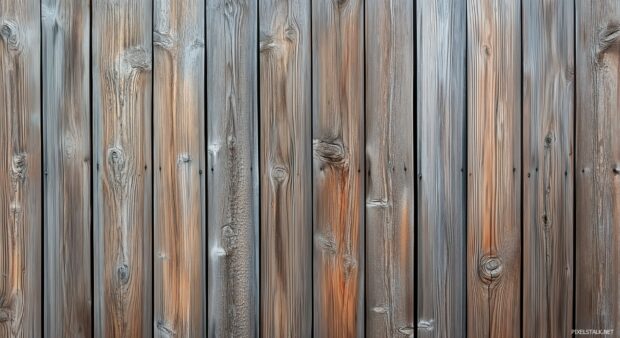 A wooden fence background with knots, cracks, and natural weathering.