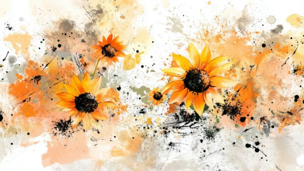 Abstract watercolor background featuring vivid sunflowers and daisies, with bold brushstrokes and splashes of color.