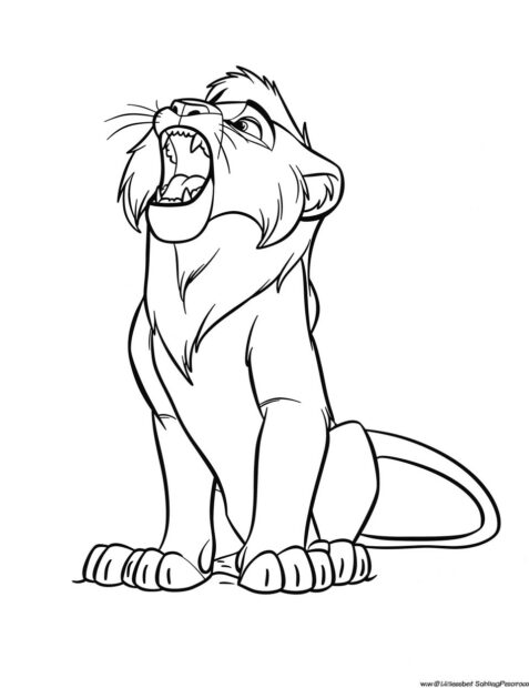 Adult Simba roaring triumphantly, Lion king coloring pages.