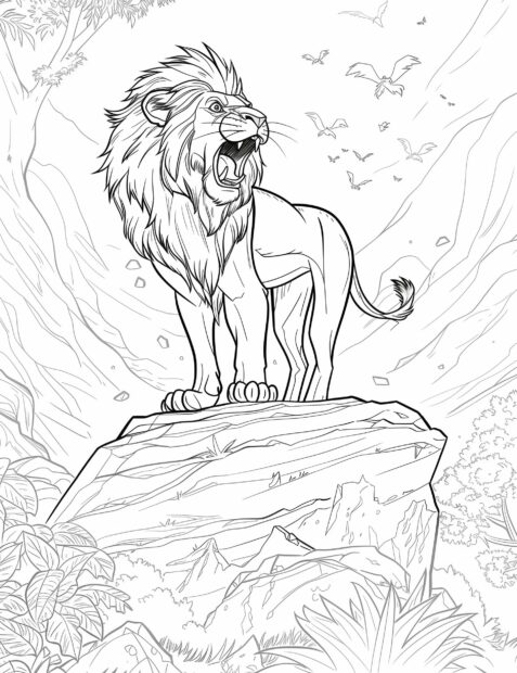 Adult Simba roaring triumphantly, coloring pages.