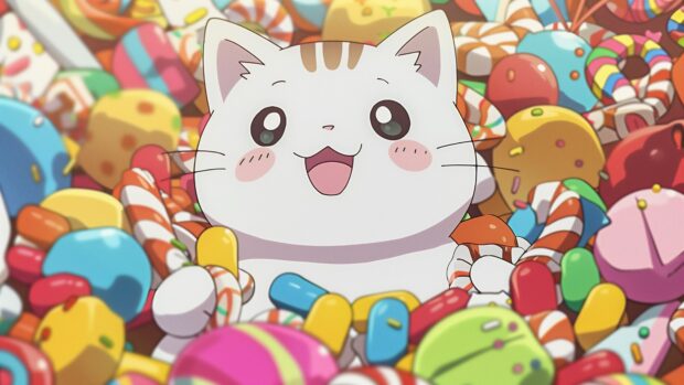 Aesthetic Cat Desktop 4K Wallpaper with a Kawaii cat character surrounded by colorful candies and sweets, in a fun and cheerful setting.