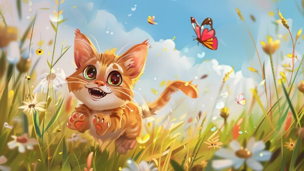 Aesthetic Cat HD Wallpaper with a playful Kawaii cat chasing butterflies in a cartoon style meadow.