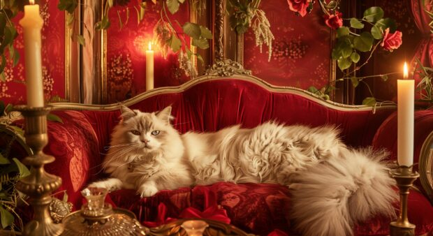 Aesthetic Cat Wallpaper 1080p with a serene Ragdoll cat lounging on a velvet armchair, surrounded by elegant decor.