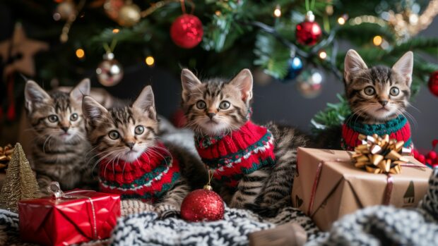 Aesthetic Cat Wallpaper 4K with a group of kittens wearing holiday sweaters, sitting around a Christmas tree, with gifts and decorations.