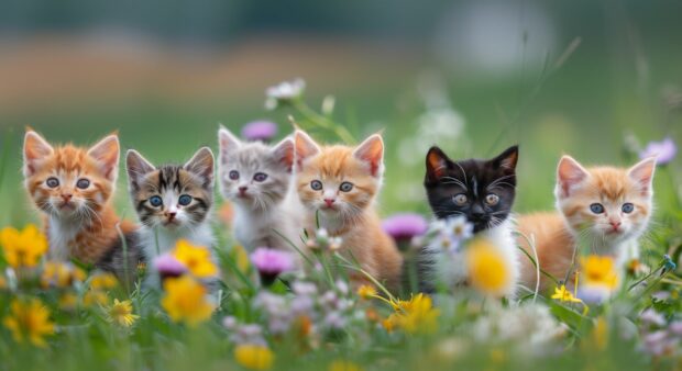 Aesthetic Cat Wallpaper HD with a group of playful kittens frolicking in a meadow, surrounded by vibrant wildflowers and soft grass.