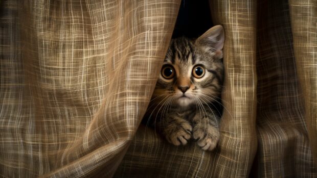 Aesthetic Cat Wallpaper with a curious Scottish Fold kitten peeking out from behind a curtain.