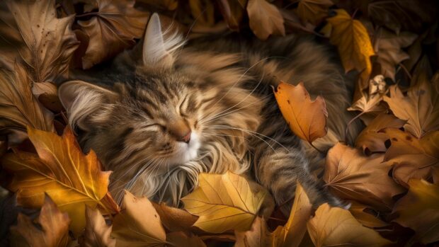 Aesthetic Cat Wallpaper with a tranquil scene of a sleeping Norwegian Forest cat nestled in a bed of autumn leaves.