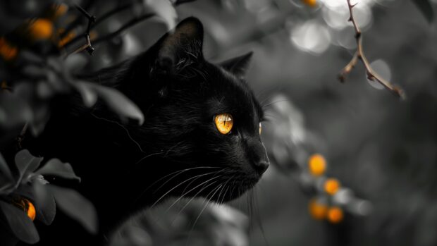 Aesthetic black cat 4K wallpaper.