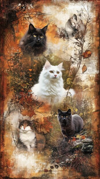 An Aesthetic collage of lovely cats, including a mix of white cats, black cats, and playful kittens.