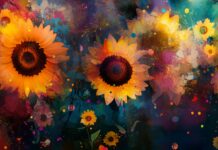 An abstract watercolor 4K wallpaper featuring vivid sunflowers and daisies, with bold brushstrokes and splashes of color.