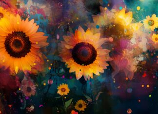 An abstract watercolor 4K wallpaper featuring vivid sunflowers and daisies, with bold brushstrokes and splashes of color.