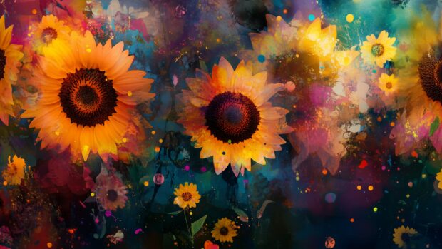 An abstract watercolor 4K wallpaper featuring vivid sunflowers and daisies, with bold brushstrokes and splashes of color.