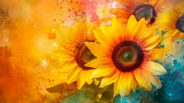 An abstract watercolor desktop wallpaper featuring vivid sunflowers and daisies, with bold brushstrokes and splashes of color.