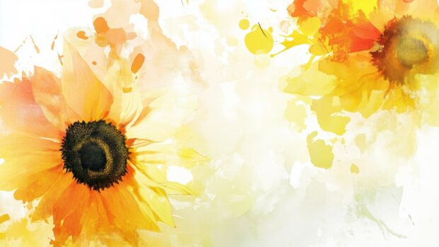 An abstract watercolor wallpaper design featuring bright sunflowers and poppies.