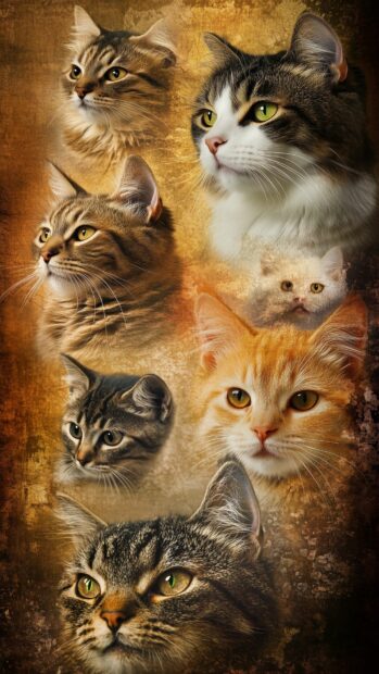 An aesthetic cat collage featuring different breeds and colors of cats and kittens.