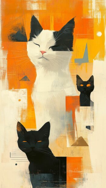 An aesthetic cat collage with a mix of fluffy white cats, sleek black cats, and playful kittens.