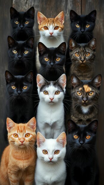 An aesthetic iPhone wallpaper of cats and kittens, incorporating white, black, and various cute cats.