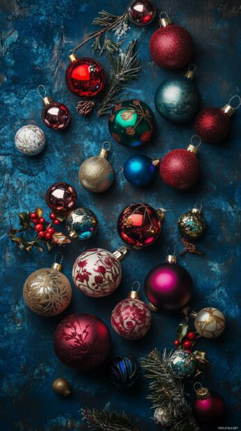 An artistic arrangement of colorful Christmas baubles and glass ornaments scattered across a textured surface with soft holiday lighting.