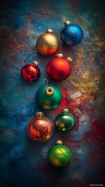 An artistic arrangement of colorful Christmas baubles and glass ornaments scattered across a textured surface with soft holiday lighting.