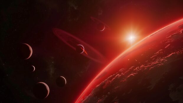 An artistic rendering of the Trappist 1 planetary system with multiple planets orbiting a red dwarf star.