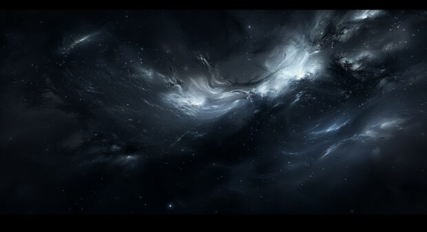 An eerie black galaxy scene with a faint nebula and scattered stars, creating a mysterious and haunting atmosphere.