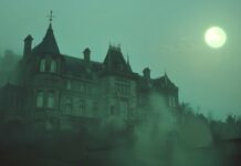 An eerie cool toned haunted mansion with wispy fog and moonlight.