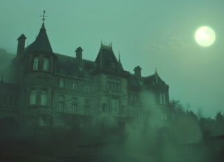 An eerie cool toned haunted mansion with wispy fog and moonlight.