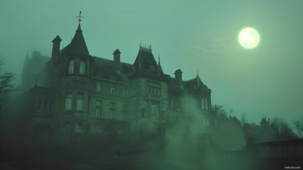 An eerie cool toned haunted mansion with wispy fog and moonlight.