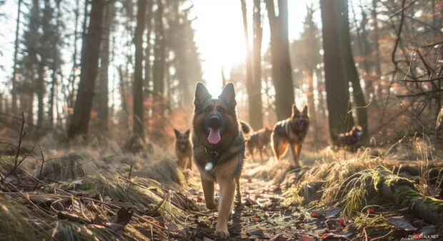 An energetic forest scene with a cool dog leading a pack of other dogs, sunlight filtering through the trees.