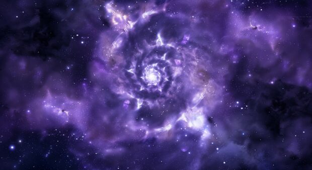 An ethereal purple galaxy with luminous halos and detailed star formations.