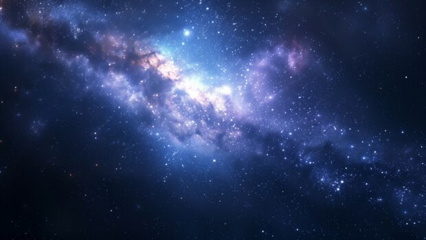 An expansive blue galaxy desktop background with detailed celestial formations and cosmic dust.