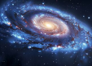 An expansive blue galaxy wallpaper with detailed celestial formations and cosmic dust.