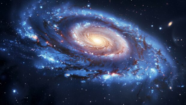 An expansive blue galaxy wallpaper with detailed celestial formations and cosmic dust.