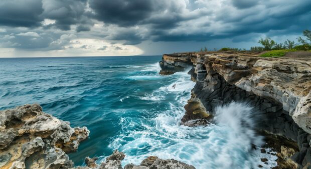 An expansive view of a stormy sea under dark, waves crashing against rugged cliffs.